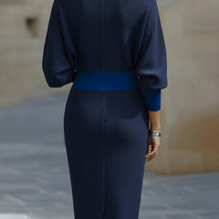 Abito midi elegante blu navy, zip sul retro, maniche a tre quarti a sbuffo