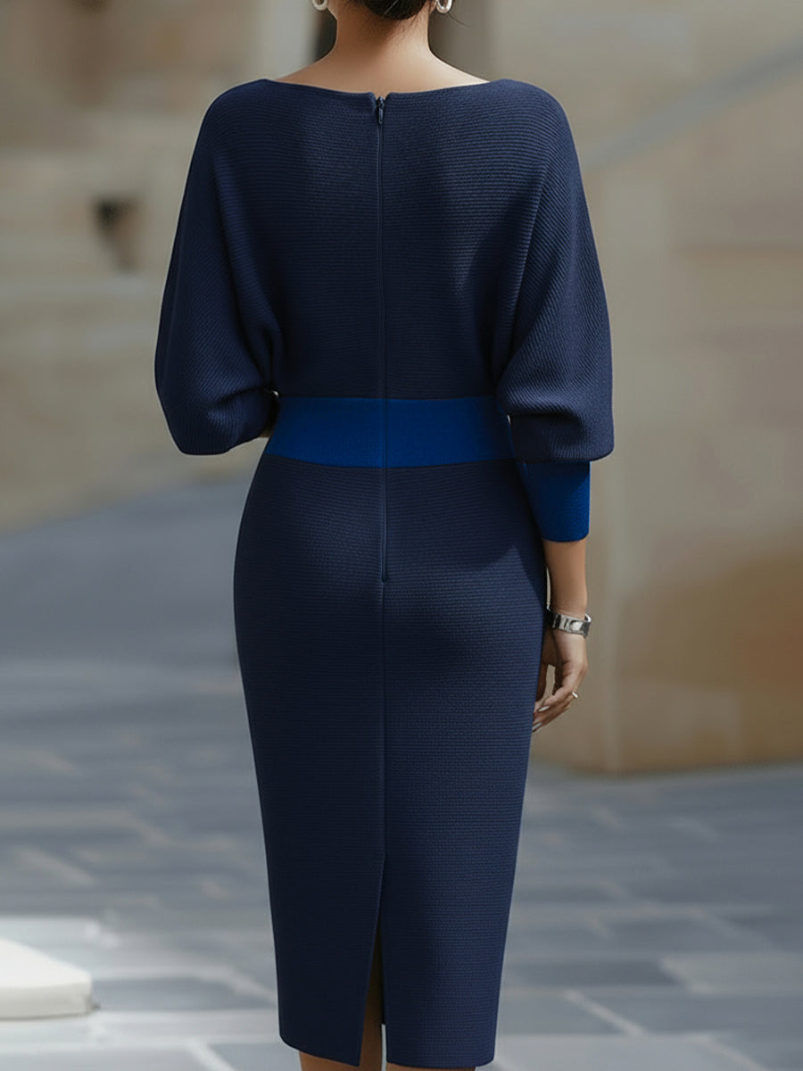 Abito midi elegante blu navy, zip sul retro, maniche a tre quarti a sbuffo