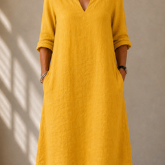 Vivian™ classic summer dress, yellow V-neck with elbow sleeves