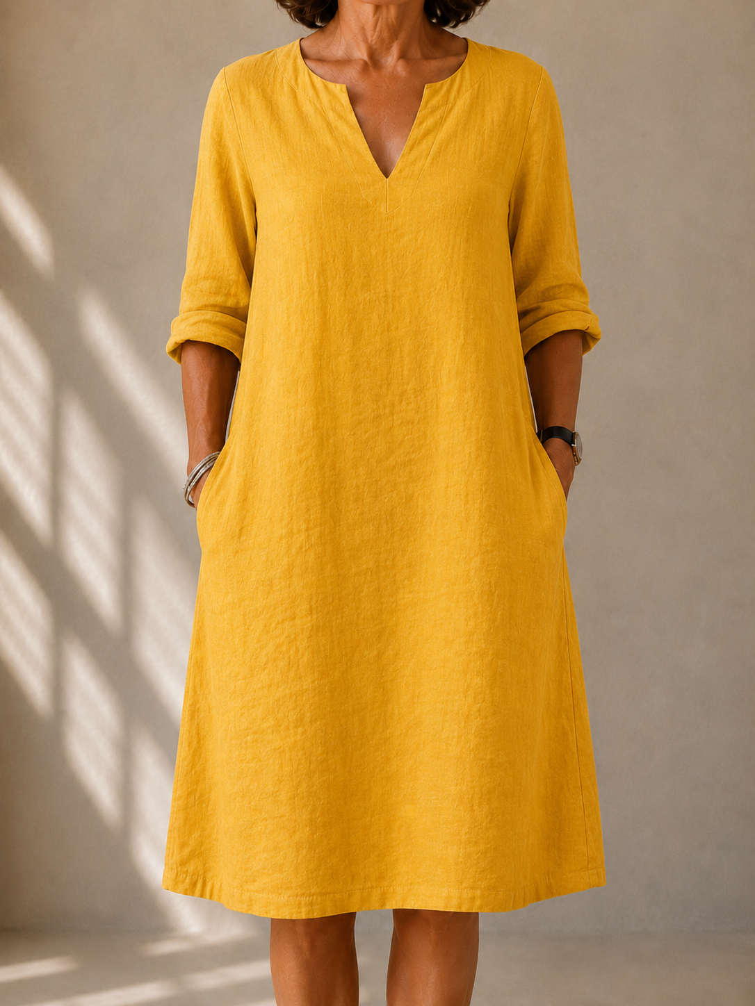 Vivian™ classic summer dress, yellow V-neck with elbow sleeves