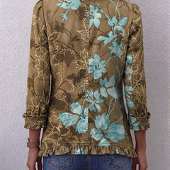 Boho ruffle jacket back in olive with turquoise floral, buttoned placket and 3/4 sleeves