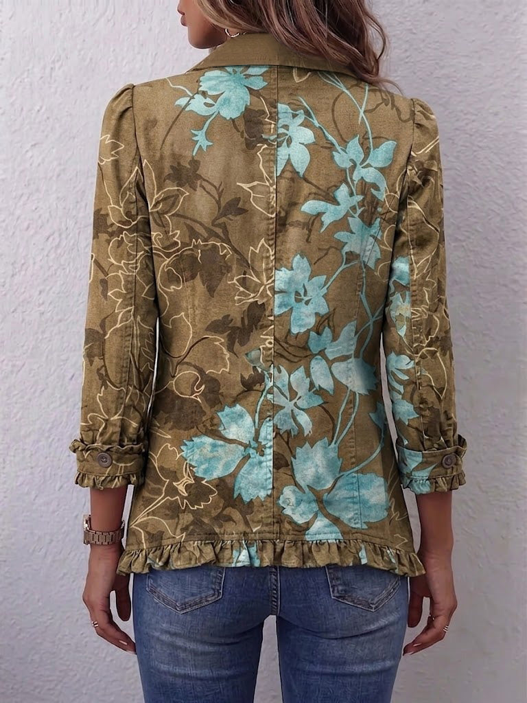 Boho ruffle jacket back in olive with turquoise floral, buttoned placket and 3/4 sleeves