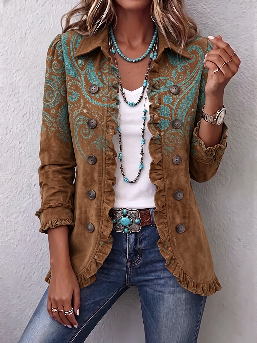 Brown paisley print ruffle jacket, button-front and pointed collar