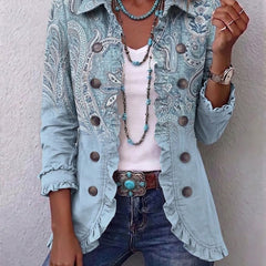 Sky blue paisley ruffled jacket with button front and collared ruffle