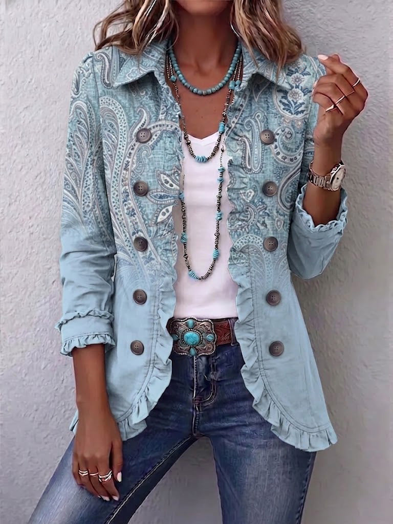 Sky blue paisley ruffled jacket with button front and collared ruffle