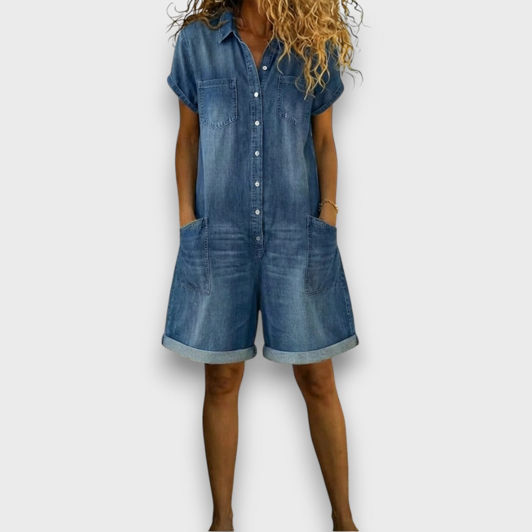 Denim-look short overalls in blue with button front and two chest patch pockets, cuffed shorts