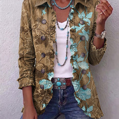 Boho ruffle jacket in olive with turquoise floral, front buttons and 3/4 sleeves