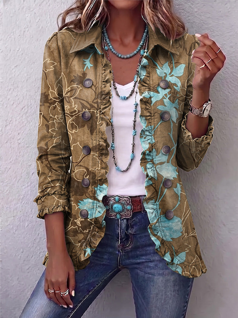 Boho ruffle jacket in olive with turquoise floral, front buttons and 3/4 sleeves