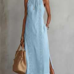 Relaxed embroidered midi dress in light blue with mandarin collar and vertical lace trim