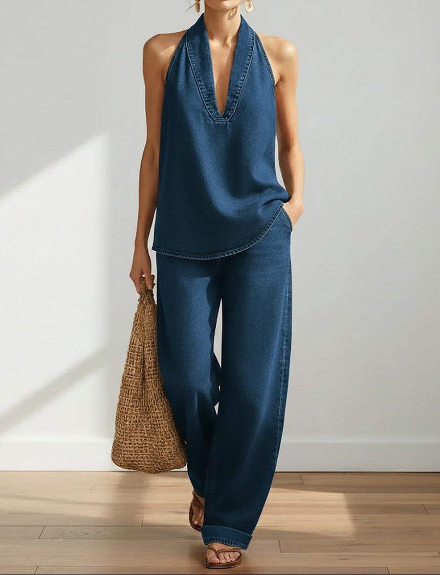 Washed blue denim sleeveless V-neck top with matching wide-leg pants two-piece set