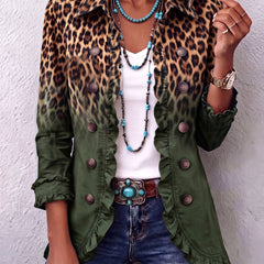 Green ombre leopard ruffle blazer jacket with button front, long sleeves, patch pockets