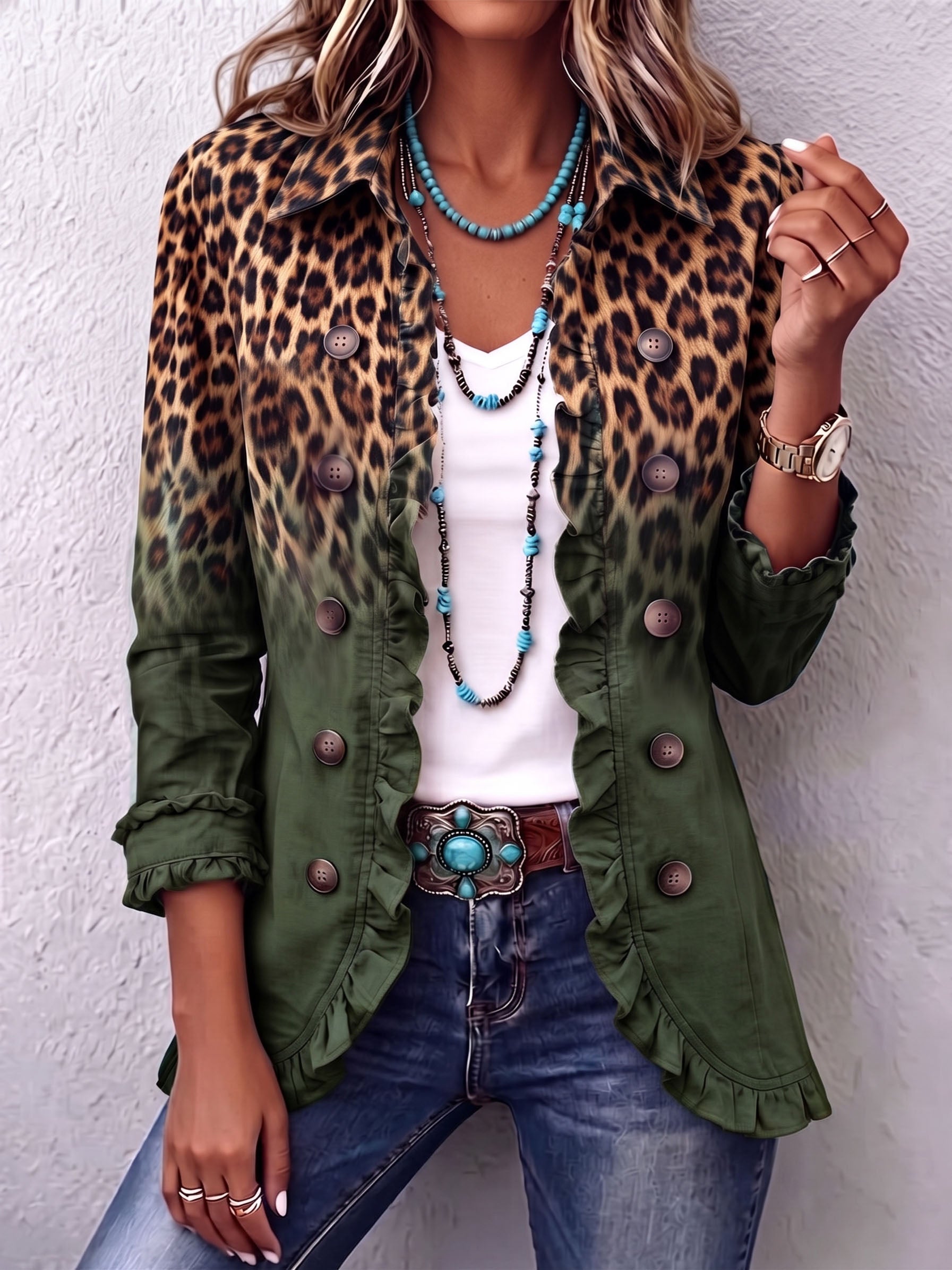 Green ombre leopard ruffle blazer jacket with button front, long sleeves, patch pockets