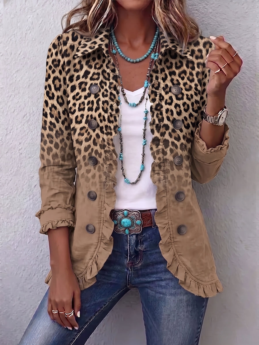 Leopard print ruffle-collar jacket in tan with dark spots, front buttons, and 3/4 sleeves