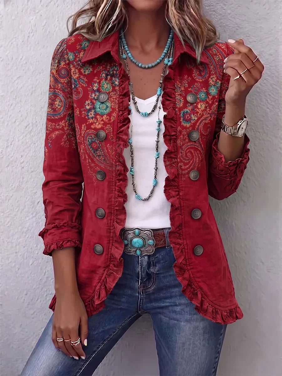 Red bohemian paisley ruffle jacket with button front and decorative buttons