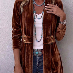 Velvet open-front long-sleeve lapel jacket with gold button accents, dark brown
