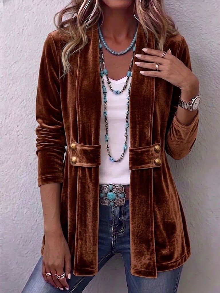 Velvet open-front long-sleeve lapel jacket with gold button accents, dark brown