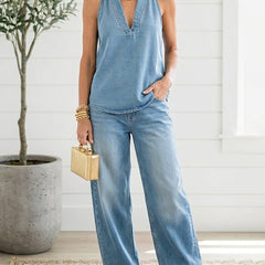 Light blue denim sleeveless V-neck top with wide-leg pants, two-piece set