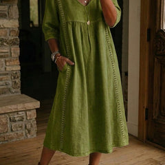 Abito maxi linea A oliva con scollo a V e maniche a 3/4