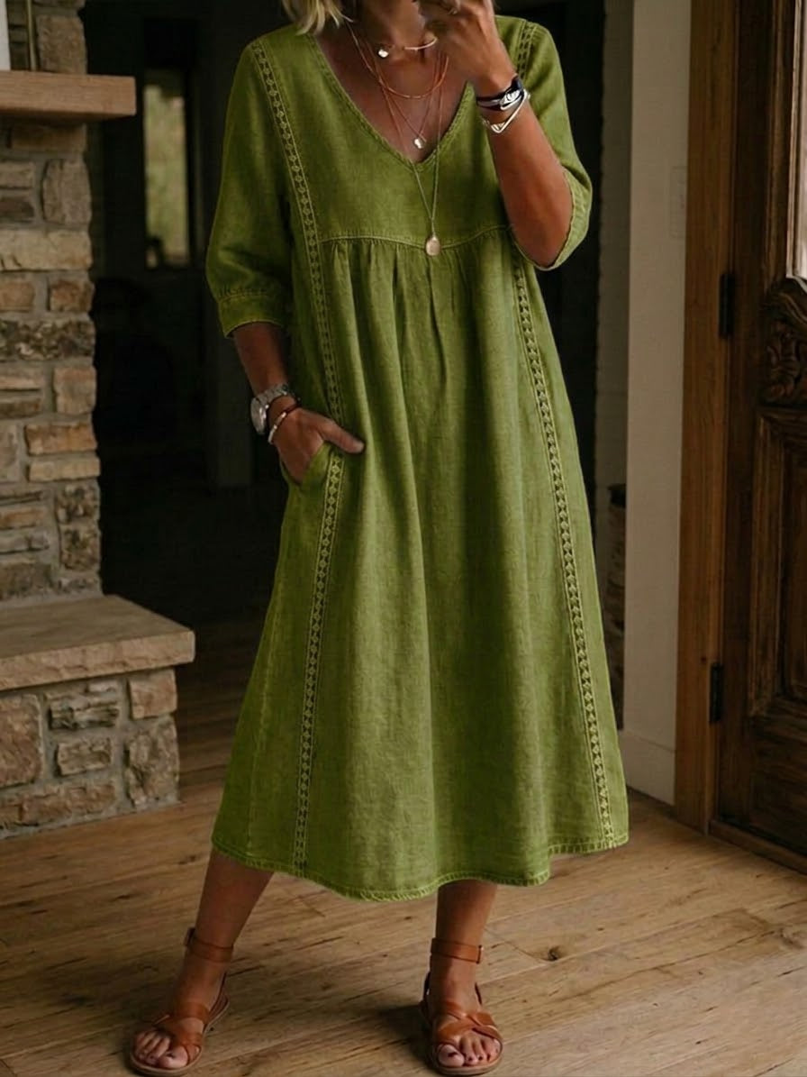 Abito maxi linea A oliva con scollo a V e maniche a 3/4