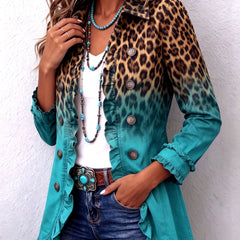 Turquoise ombre leopard print blazer jacket with button front and ruffled cuffs, patch pockets