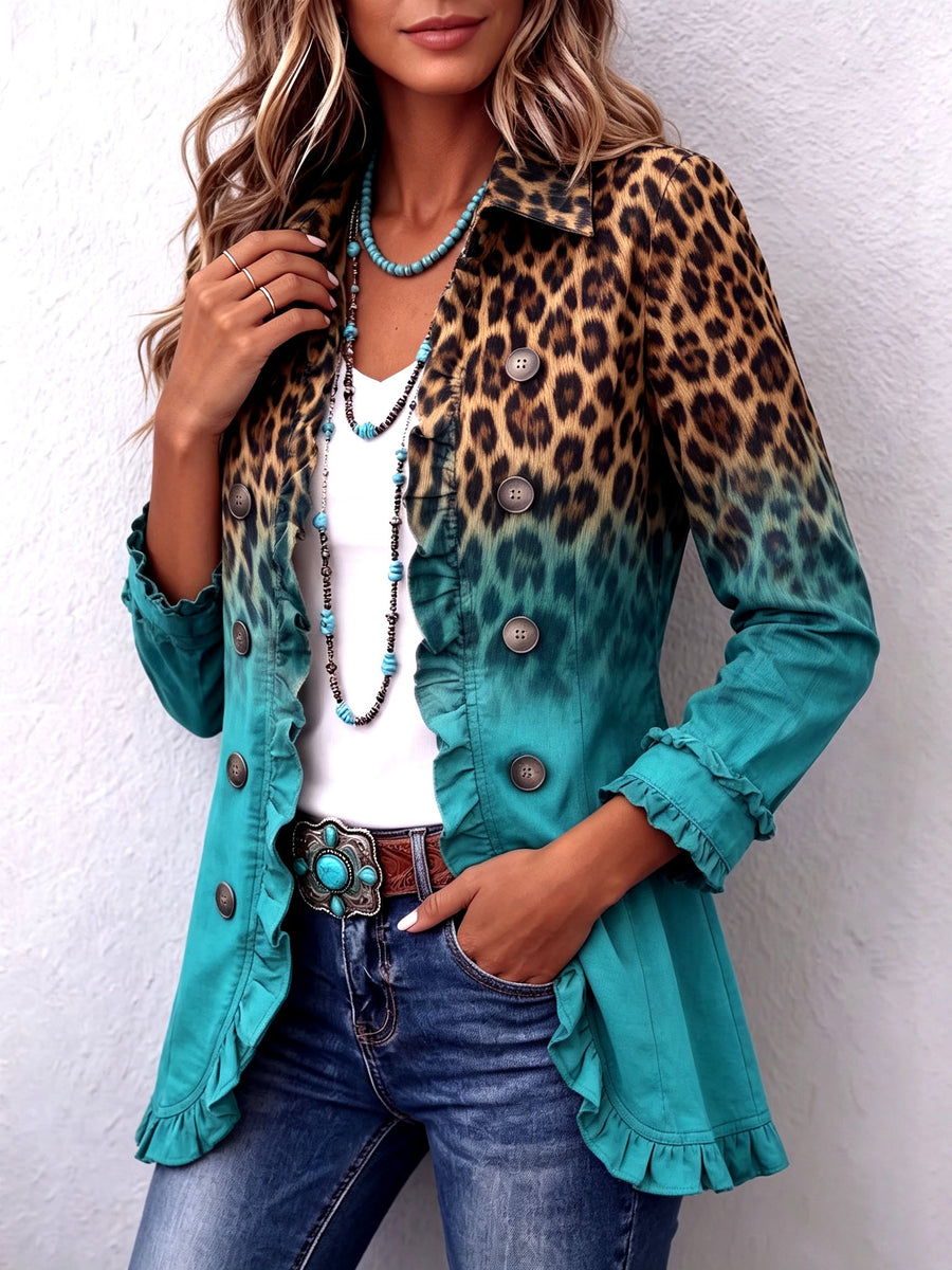 Turquoise ombre leopard print blazer jacket with button front and ruffled cuffs, patch pockets