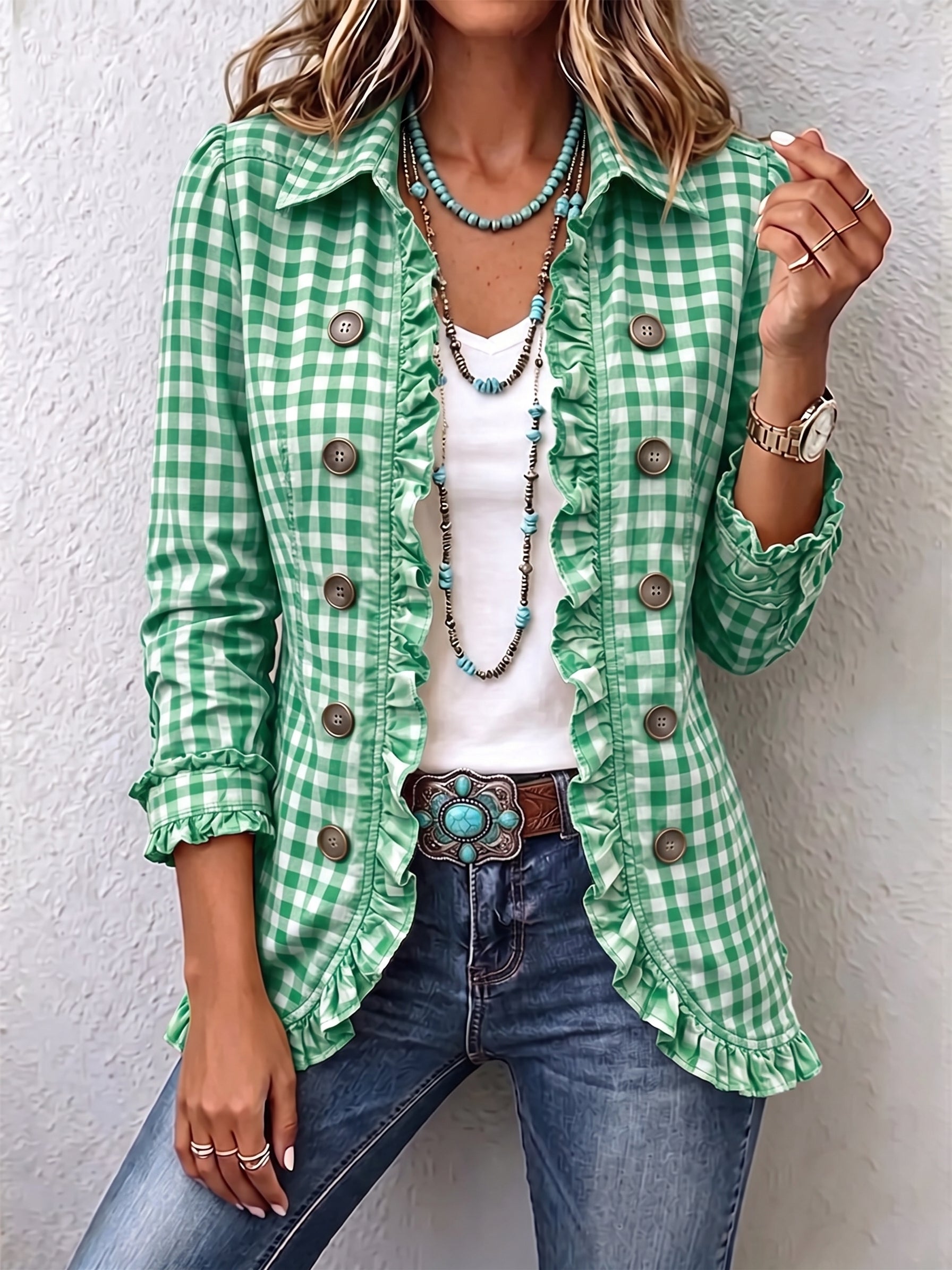 Green gingham ruffled button-down jacket with button cuffs and frilled front