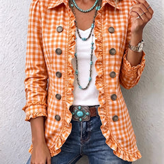 Orange gingham ruffled button-down jacket with round buttons and frilled front