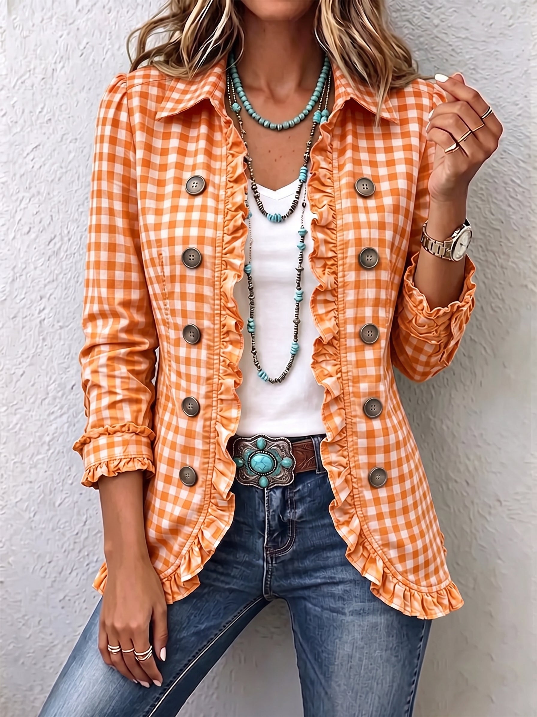 Orange gingham ruffled button-down jacket with round buttons and frilled front