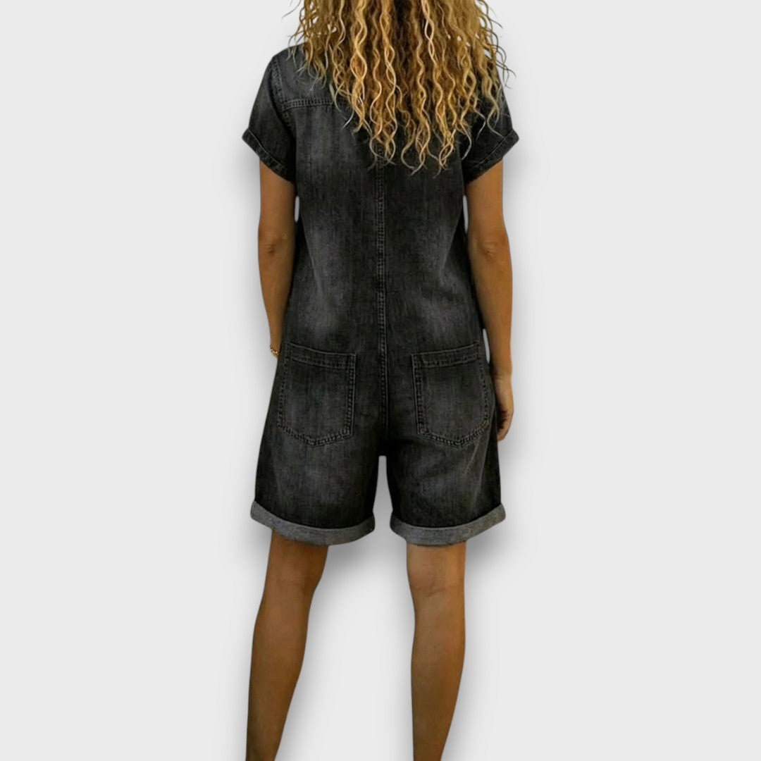 Denim-look short overalls in black, back view with two large patch pockets