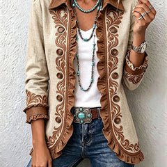 Tan ruffled jacket with brown embroidered front and buttoned cuffs