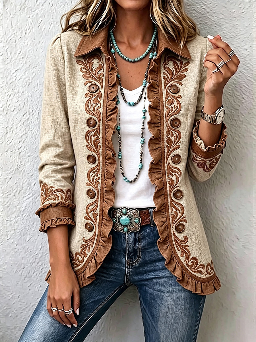 Tan ruffled jacket with brown embroidered front and buttoned cuffs