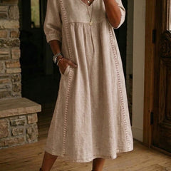 Abito maxi linea A sabbia con scollo a V e maniche a 3/4