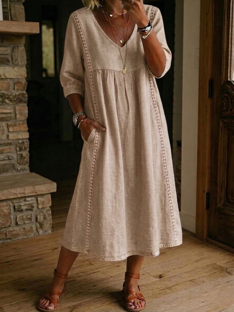 Abito maxi linea A sabbia con scollo a V e maniche a 3/4