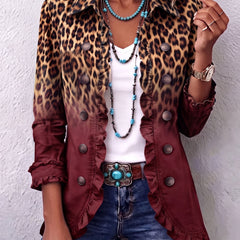 Wine ombre leopard ruffle blazer jacket with button front, long sleeves, patch pockets