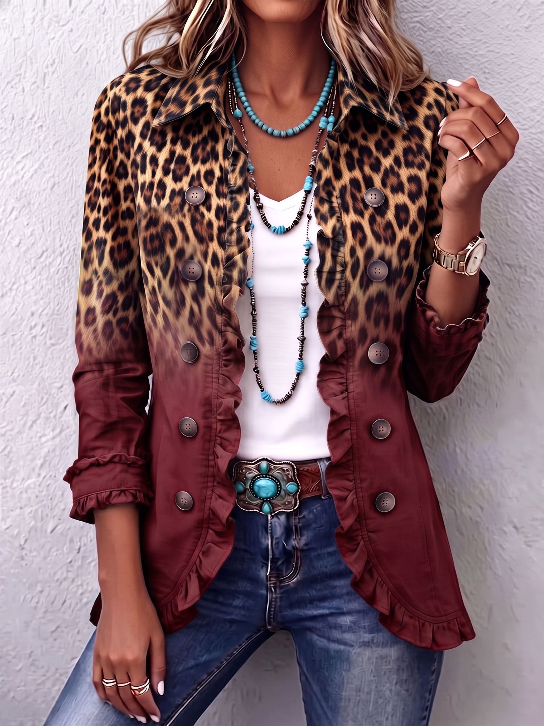 Wine ombre leopard ruffle blazer jacket with button front, long sleeves, patch pockets