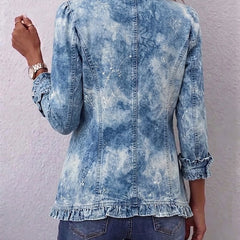 Blue vintage denim jacket back view with buttoned seams and ruffle-trim hem
