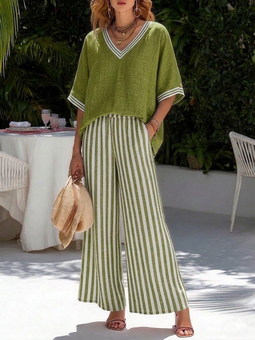 Completo verde oliva: top in lino con scollo a V e pantaloni a righe verde e bianche
