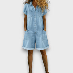 Denim-look short overalls in light blue with button front and two chest patch pockets