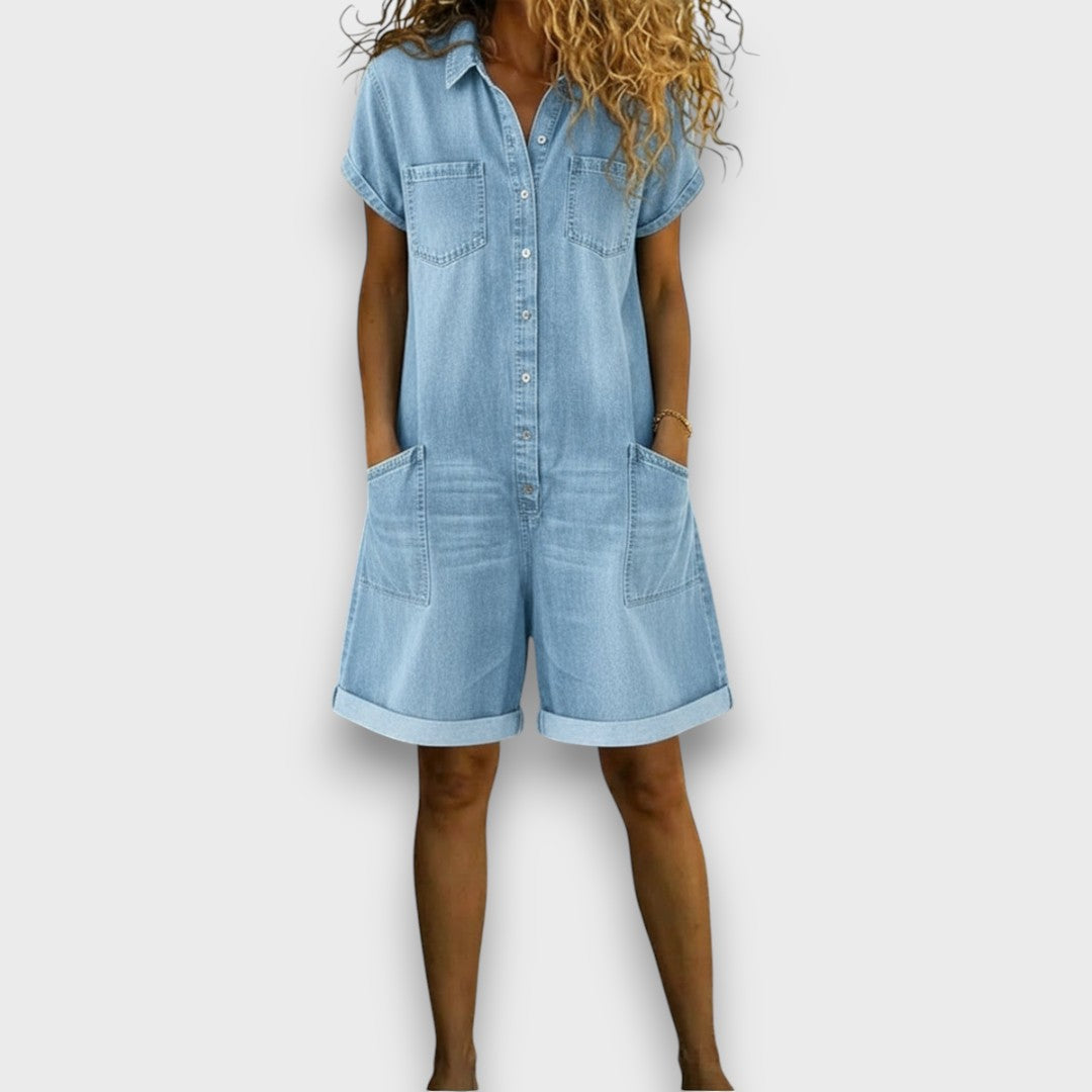 Denim-look short overalls in light blue with button front and two chest patch pockets