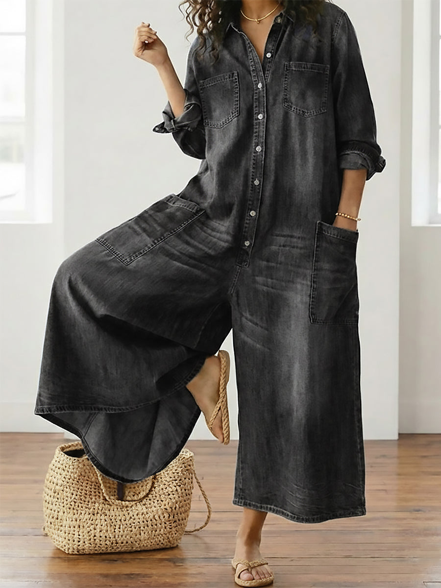 Washed black denim button-through maxi dress with collar, long sleeves, and pockets