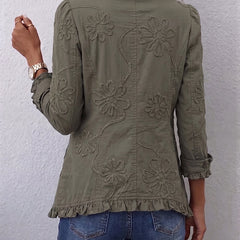 Olive utility jacket with floral embroidery on back, buttoned styling
