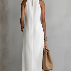Relaxed embroidered midi dress in white, sleeveless back view with keyhole detail