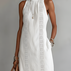 Relaxed embroidered midi dress in white with mandarin collar and vertical lace panel