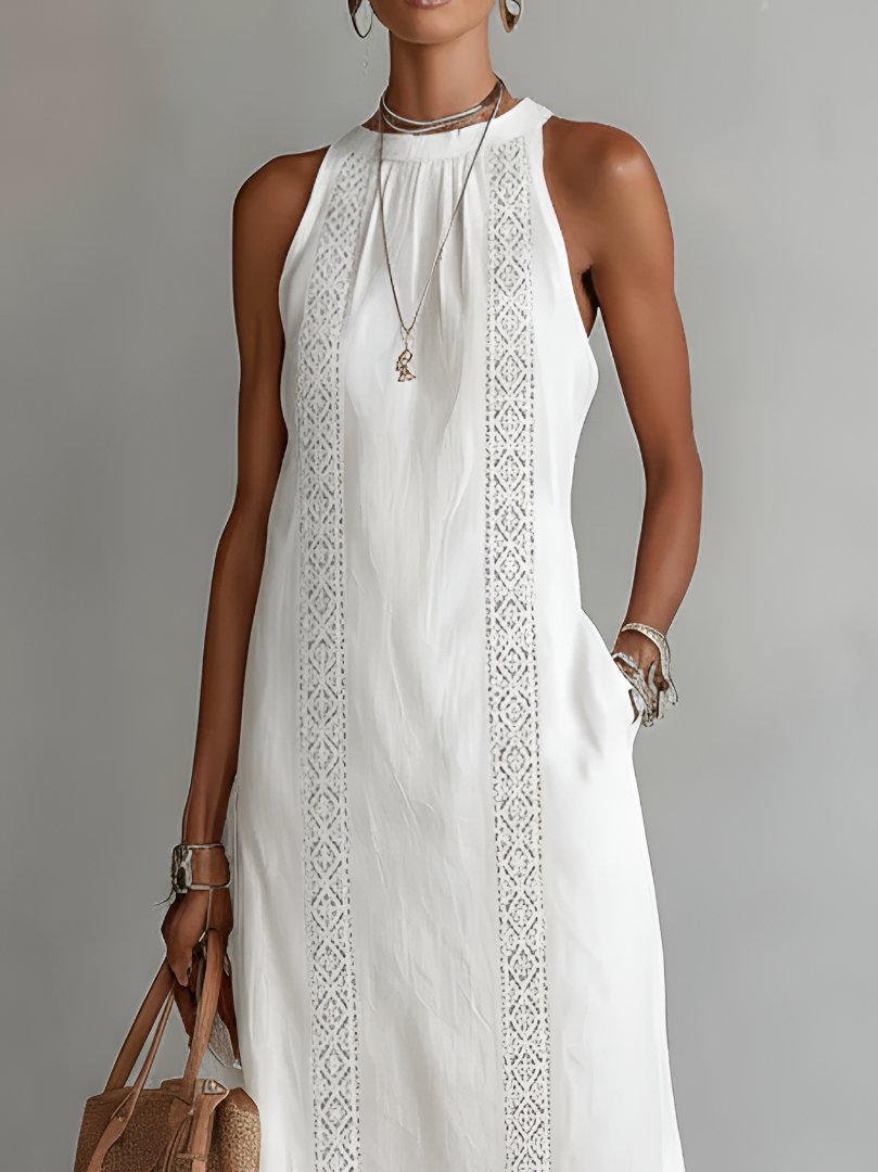 Relaxed embroidered midi dress in white with mandarin collar and vertical lace panel