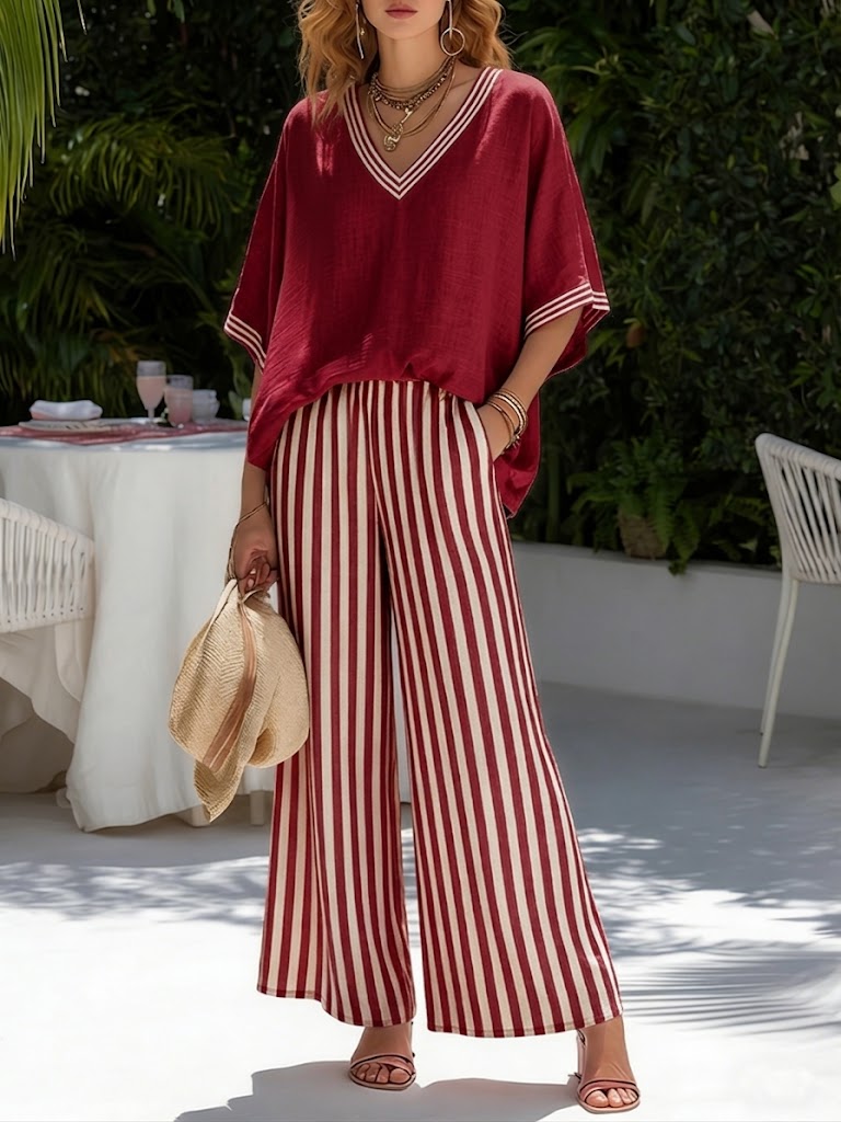 Completo bordeaux: top in lino con scollo a V e pantaloni a righe rosse e bianche