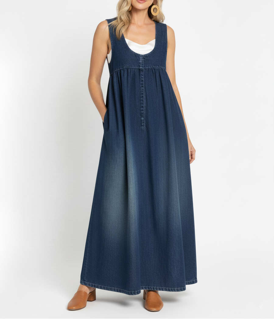 Blue denim maxi sundress with wide shoulder straps, center button placket and pockets