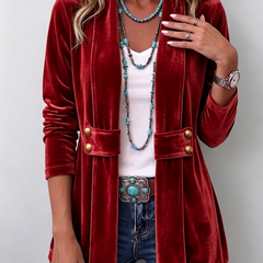 Velvet open-front long-sleeve lapel jacket with gold button accents, red