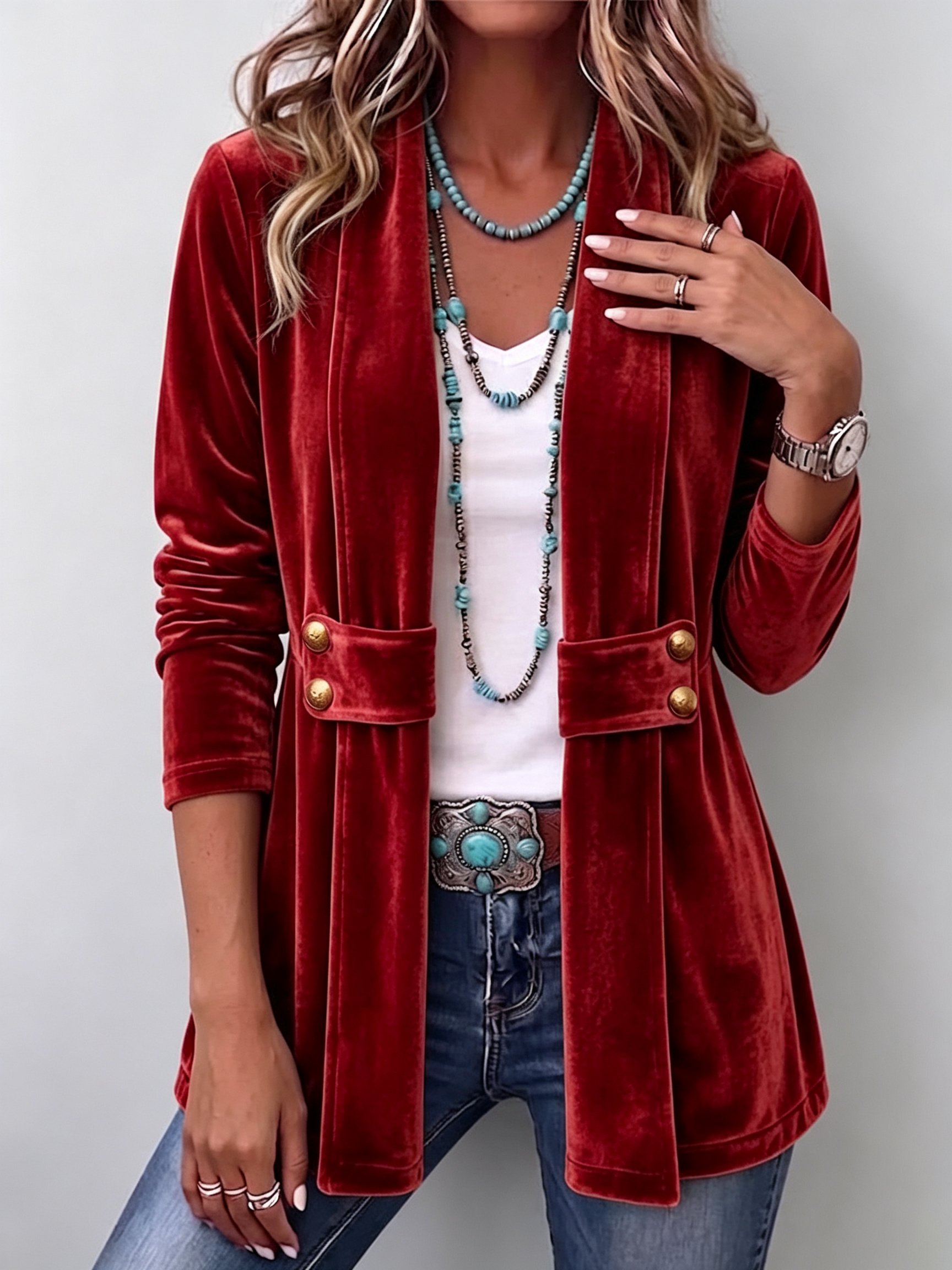 Velvet open-front long-sleeve lapel jacket with gold button accents, red