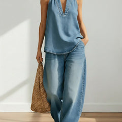 Light blue denim sleeveless V-neck top and relaxed wide-leg pants two-piece set