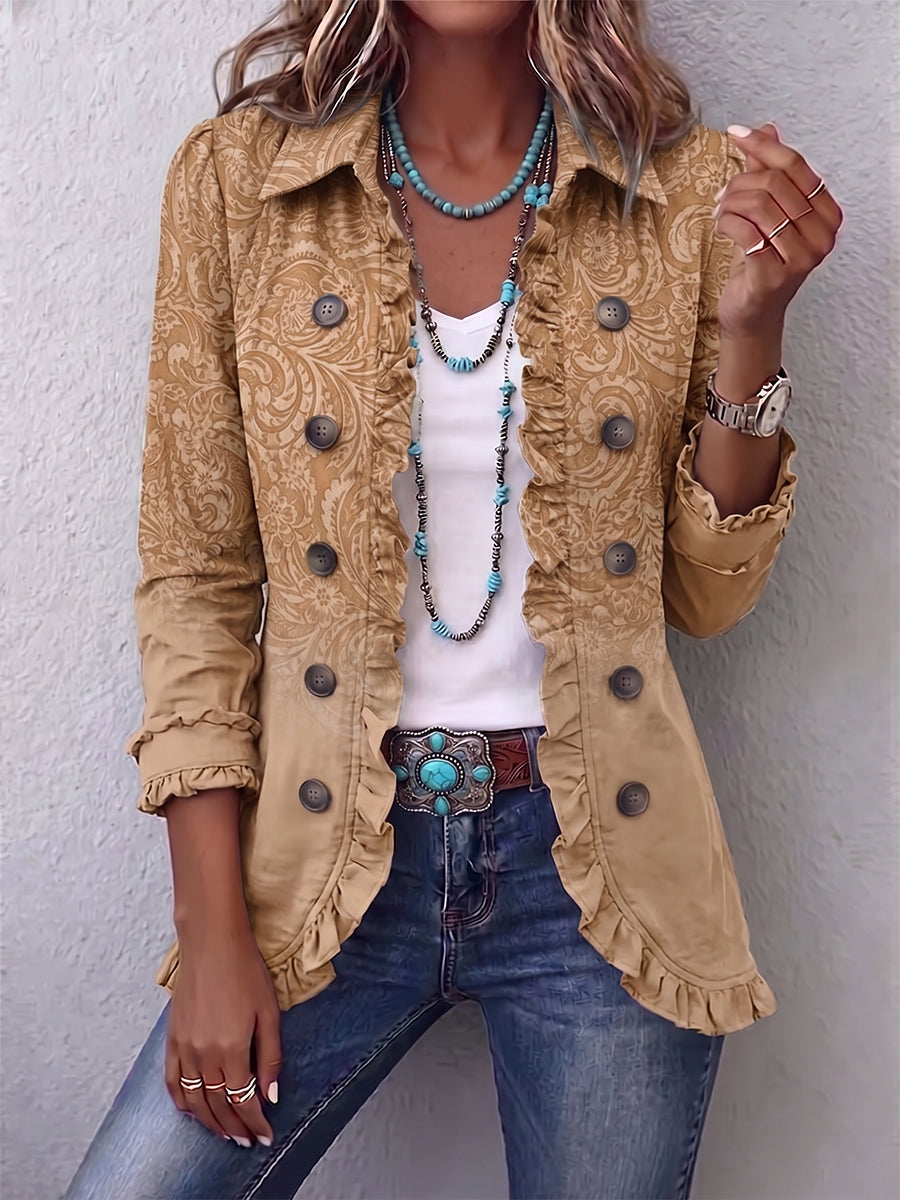 Khaki western pattern print ruffle jacket with button front and gathered cuffs